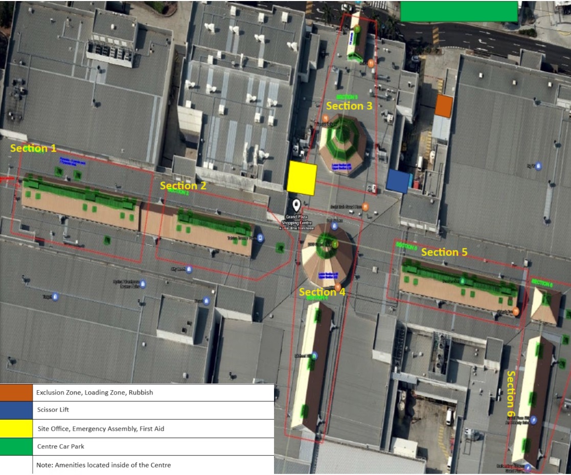 Grand Plaza Shopping Centre site map showing staged skylight film installation sections.
