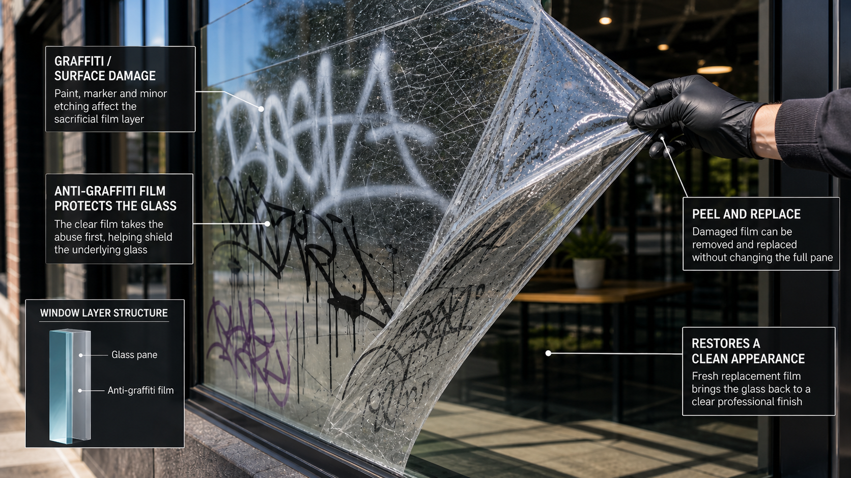 Anti-graffiti film peeling away from vandalised glass while leaving the protected pane underneath.
