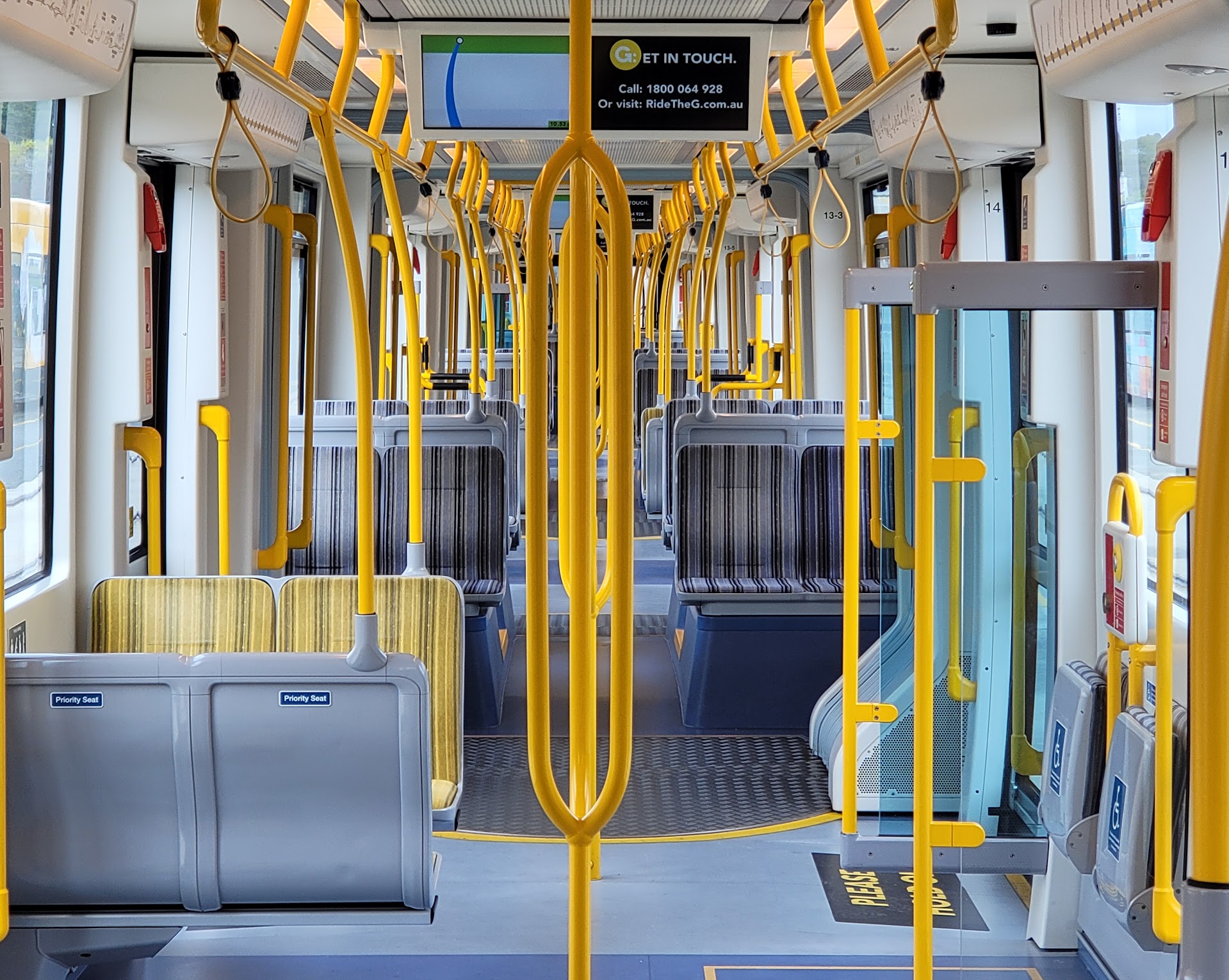G:link tram interior with glass surfaces protected by anti-graffiti film.