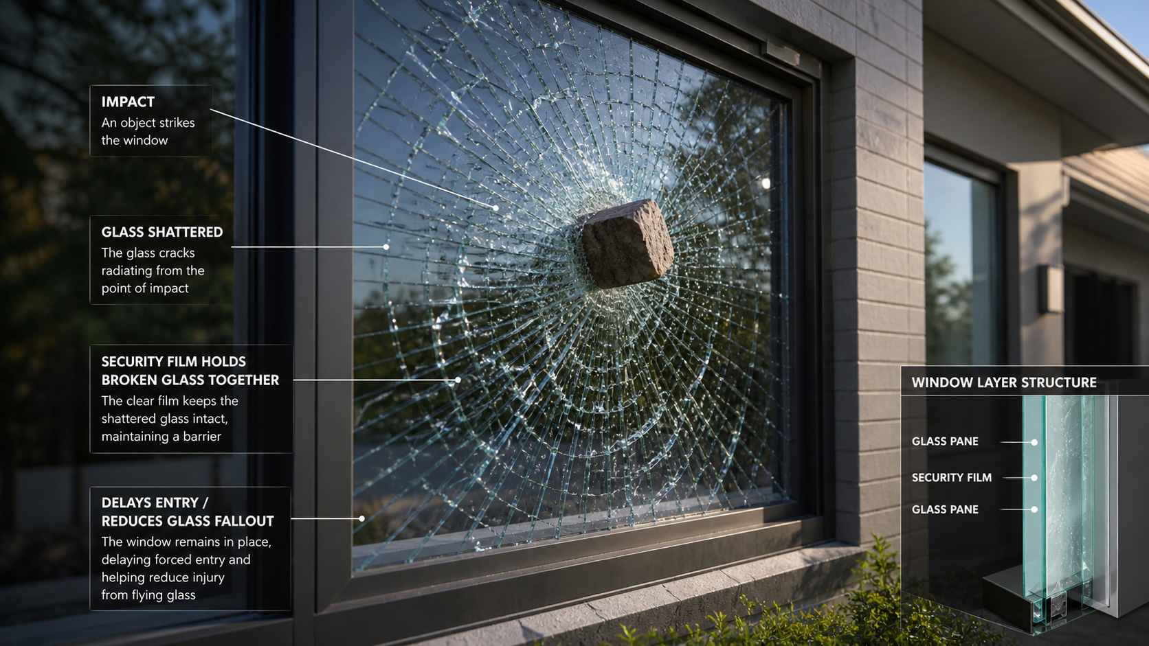 Security film holding shattered glass together after impact to reduce fallout and delay entry.